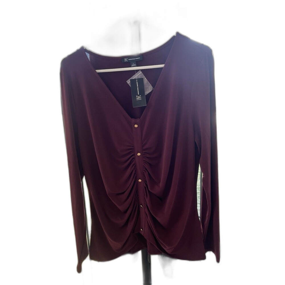 I.N.C. Long Sleeve V-neck Womens Blouse Large Burgundy Ruched Office Casual NWT